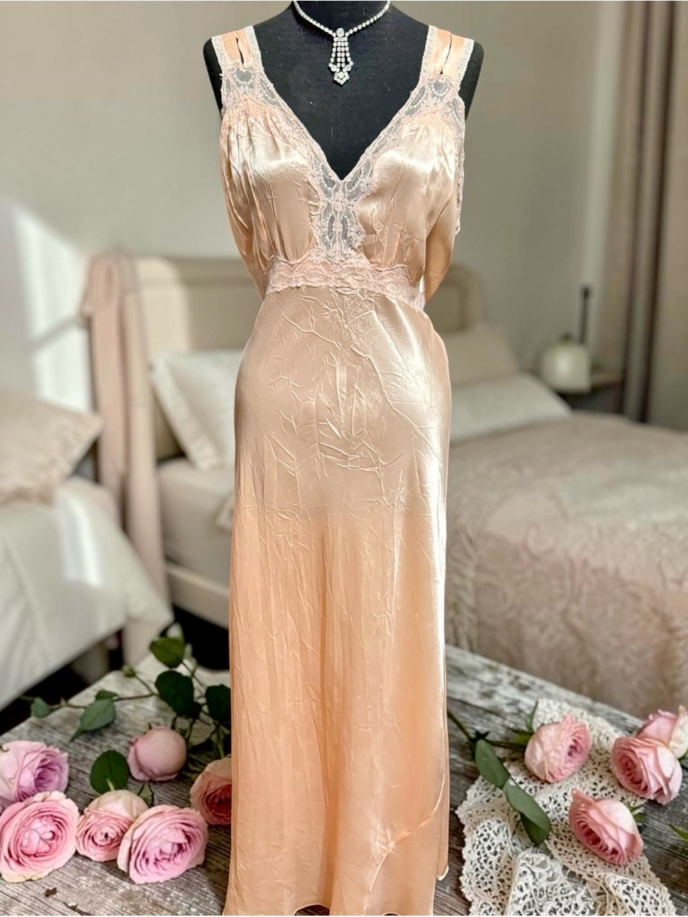 Silk Lace Trim Slip Dress in Blush Pink